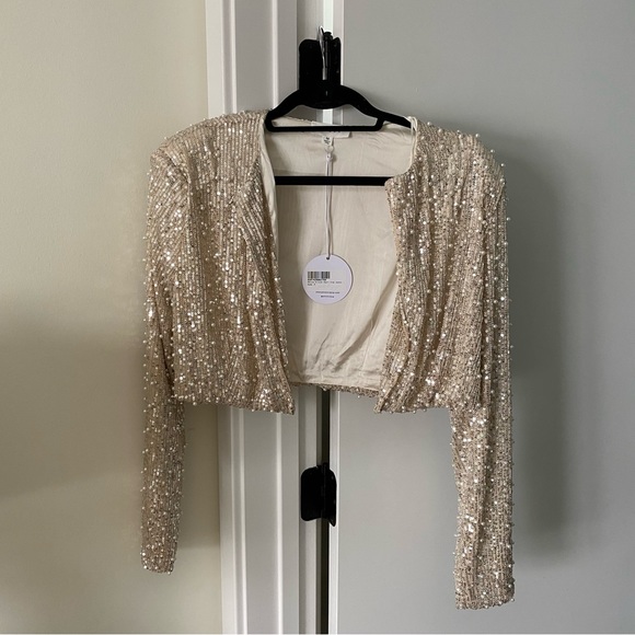 Petal & Pup Jackets & Coats Petal Pup Monica Allover Pearl Sequin Crop Jacket Nude Medium